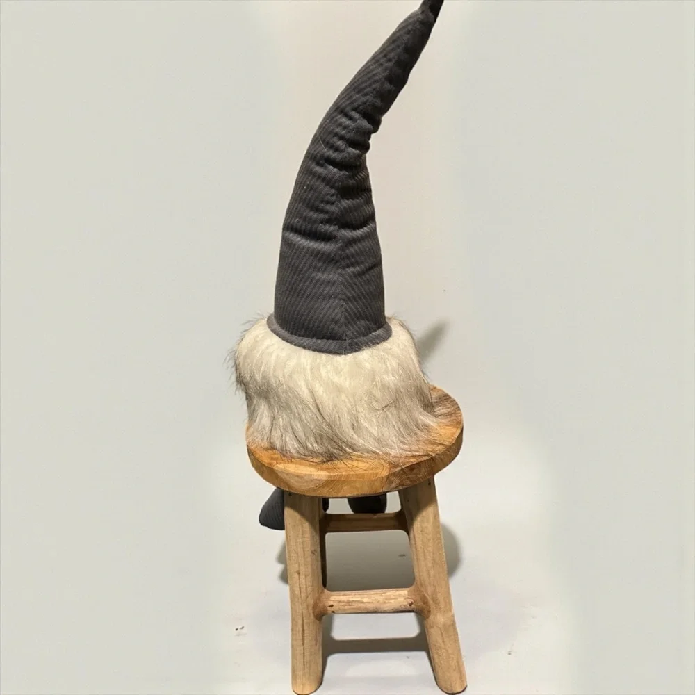 Sitting Gnome, Wooden Stool Set Gray Hat Long Legs Plush Shelf Sitter Décor